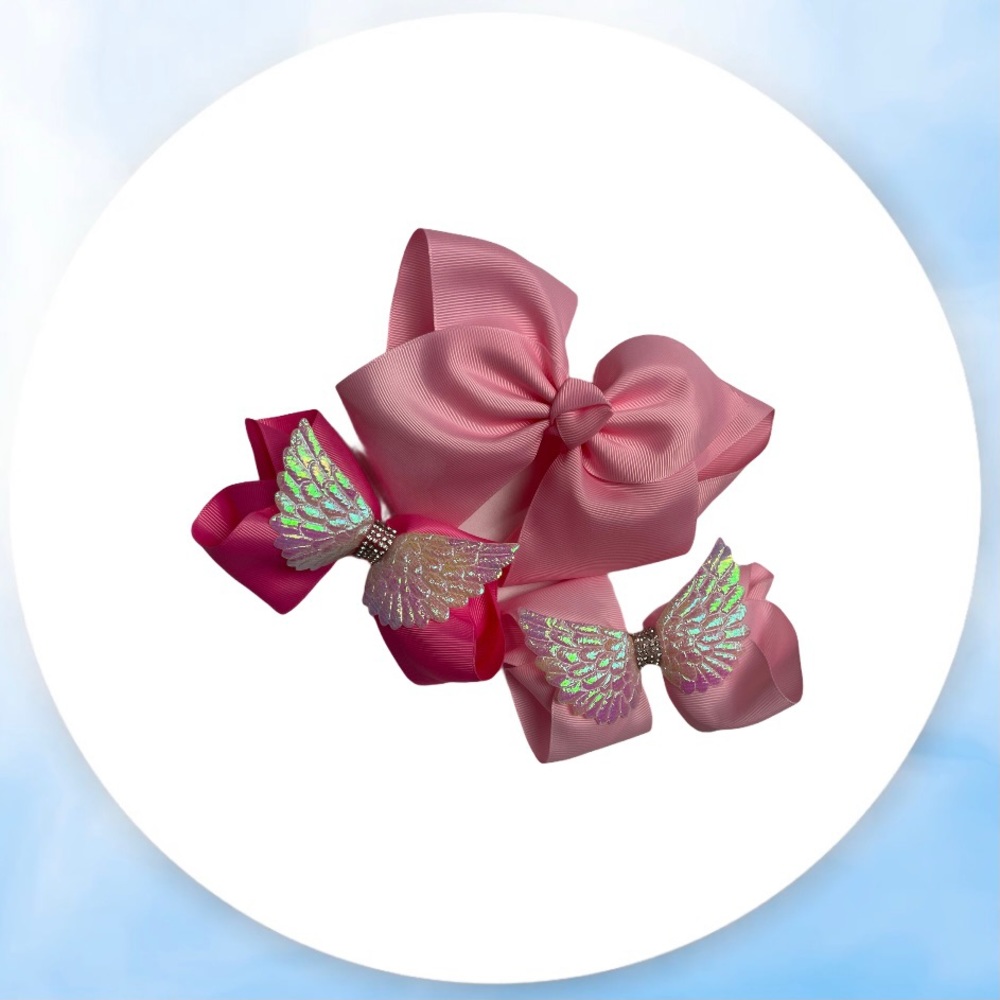 💙 3 for $12 - Big Pink Bow and Pink Angel Bows 3 Piece Hair Bow Accessories